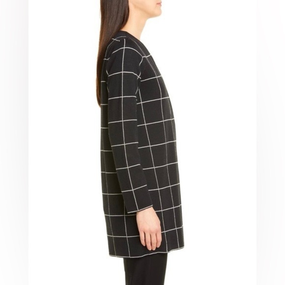 NEW Eileen Fisher Windowpane Check Wool Long Cardigan in Black L - Picture 2 of 9